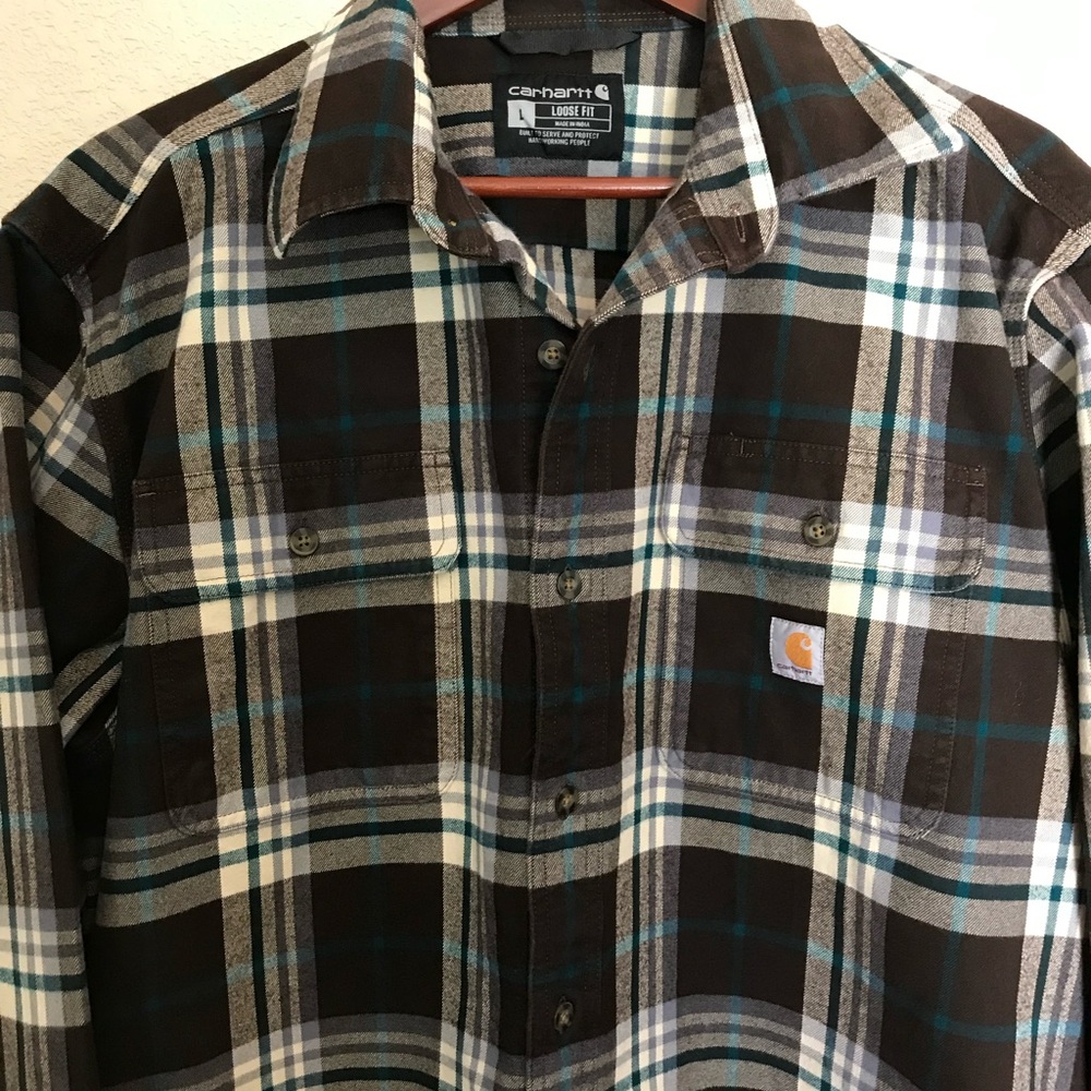 Carhartt Men's Blue and Brown Plaid Shirt